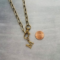 Letter Pendant Antique Brass Chunky Chain, antique bronze oval link necklace, thick lightweight chain, front lobster clip clasp, inital gift