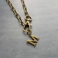 Letter Pendant Antique Brass Chunky Chain, antique bronze oval link necklace, thick lightweight chain, front lobster clip clasp, inital gift