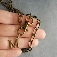 Letter Pendant Antique Brass Chunky Chain, antique bronze oval link necklace, thick lightweight chain, front lobster clip clasp, inital gift