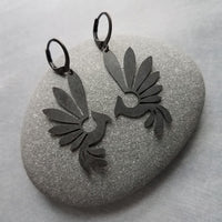 Black Phoenix Bird Earrings, matte black finish earring, rustic black bird earrings, mythical creature, large lightweight birds, rising bird
