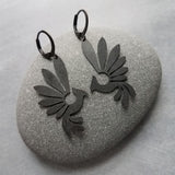 Black Phoenix Bird Earrings, matte black finish earring, rustic black bird earrings, mythical creature, large lightweight birds, rising bird