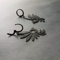Black Phoenix Bird Earrings, matte black finish earring, rustic black bird earrings, mythical creature, large lightweight birds, rising bird