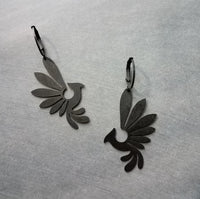 Black Phoenix Bird Earrings, matte black finish earring, rustic black bird earrings, mythical creature, large lightweight birds, rising bird