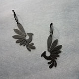 Black Phoenix Bird Earrings, matte black finish earring, rustic black bird earrings, mythical creature, large lightweight birds, rising bird