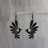 Black Phoenix Bird Earrings, matte black finish earring, rustic black bird earrings, mythical creature, large lightweight birds, rising bird