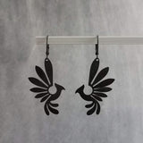 Black Phoenix Bird Earrings, matte black finish earring, rustic black bird earrings, mythical creature, large lightweight birds, rising bird