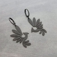 Black Phoenix Bird Earrings, matte black finish earring, rustic black bird earrings, mythical creature, large lightweight birds, rising bird
