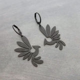 Black Phoenix Bird Earrings, matte black finish earring, rustic black bird earrings, mythical creature, large lightweight birds, rising bird