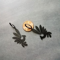 Black Phoenix Bird Earrings, matte black finish earring, rustic black bird earrings, mythical creature, large lightweight birds, rising bird