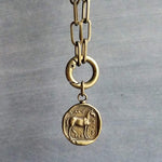 Antique Brass Thick Chain, replica coin horse pendant charm, antique bronze chunky link necklace, big round front clasp, birthday girl gift