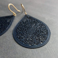 Navy Blue Silver Hook Earrings, blue filigree earrings, navy earrings, large tear drop earring, dark blue drop earring, intricate cut out