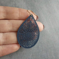 Navy Blue Silver Hook Earrings, blue filigree earrings, navy earrings, large tear drop earring, dark blue drop earring, intricate cut out