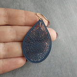 Navy Blue Silver Hook Earrings, blue filigree earrings, navy earrings, large tear drop earring, dark blue drop earring, intricate cut out