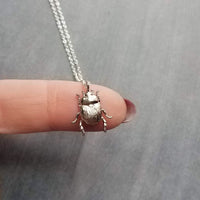 Little Silver Bug Necklace, small beetle pendant thin delicate 18in chain, rose June bug, sterling silver chain opt, 3D insect charm jewelry