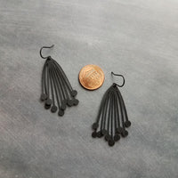 Matte Black Dangle Earrings, black cluster ball pod, organic drop, all black earring, matt black hooks, lightweight floral bunch, allium