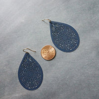 Navy Blue Silver Hook Earrings, blue filigree earrings, navy earrings, large tear drop earring, dark blue drop earring, intricate cut out