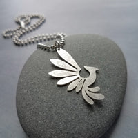 Silver Phoenix Necklace, stainless steel ball chain, antique silver bird pendant, mythical creature, large lightweight rising bird charm