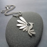 Silver Phoenix Necklace, stainless steel ball chain, antique silver bird pendant, mythical creature, large lightweight rising bird charm