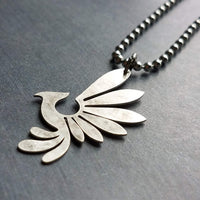 Silver Phoenix Necklace, stainless steel ball chain, antique silver bird pendant, mythical creature, large lightweight rising bird charm