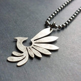 Silver Phoenix Necklace, stainless steel ball chain, antique silver bird pendant, mythical creature, large lightweight rising bird charm