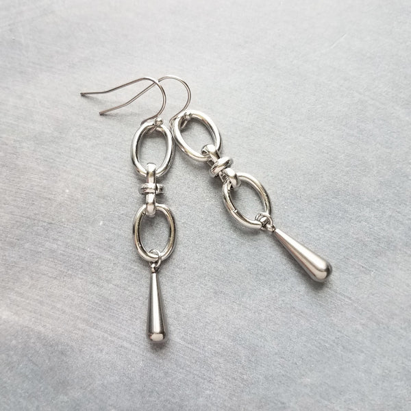 Long Oval Drop Earrings, stainless steel earring, hypoallergenic jewelry, chunky silver earring, 2 inch drop earring, silver dangle teardrop