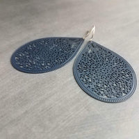 Navy Blue Silver Hook Earrings, blue filigree earrings, navy earrings, large tear drop earring, dark blue drop earring, intricate cut out