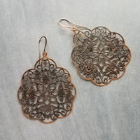 Antique Copper Medallion Earrings, Moroccan earring, copper earring, copper filigree, copper floral light rustic, large copper dangle 3 inch