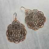 Antique Copper Medallion Earrings, Moroccan earring, copper earring, copper filigree, copper floral light rustic, large copper dangle 3 inch
