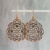 Antique Copper Medallion Earrings, Moroccan earring, copper earring, copper filigree, copper floral light rustic, large copper dangle 3 inch