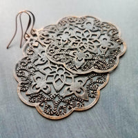 Antique Copper Medallion Earrings, Moroccan earring, copper earring, copper filigree, copper floral light rustic, large copper dangle 3 inch