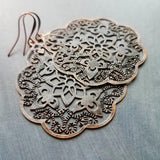 Antique Copper Medallion Earrings, Moroccan earring, copper earring, copper filigree, copper floral light rustic, large copper dangle 3 inch