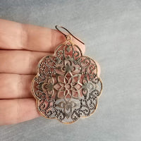 Antique Copper Medallion Earrings, Moroccan earring, copper earring, copper filigree, copper floral light rustic, large copper dangle 3 inch