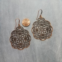 Antique Copper Medallion Earrings, Moroccan earring, copper earring, copper filigree, copper floral light rustic, large copper dangle 3 inch