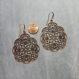Antique Copper Medallion Earrings, Moroccan earring, copper earring, copper filigree, copper floral light rustic, large copper dangle 3 inch