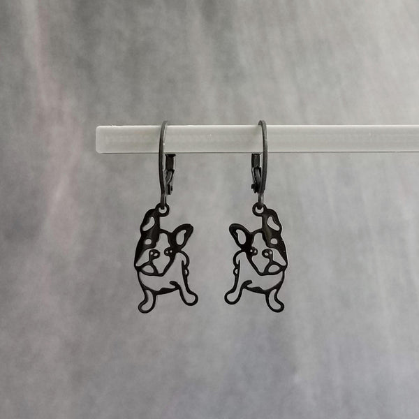 Black French Bulldog Earrings, black dog earrings, Frenchie dog outline, cut out earring, lever back hoop, small black hoops, Boston Terrier breeder