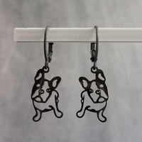 Black French Bulldog Earrings, black dog earrings, Frenchie dog outline, cut out earring, lever back hoop, small black hoops, Boston Terrier breeder