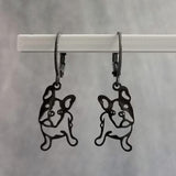 Black French Bulldog Earrings, black dog earrings, Frenchie dog outline, cut out earring, lever back hoop, small black hoops, Boston Terrier breeder
