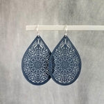 Navy Blue Silver Hook Earrings, blue filigree earrings, navy earrings, large tear drop earring, dark blue drop earring, intricate cut out