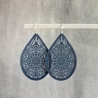 Navy Blue Silver Hook Earrings, blue filigree earrings, navy earrings, large tear drop earring, dark blue drop earring, intricate cut out