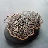 Antique Copper Medallion Earrings, Moroccan earring, copper earring, copper filigree, copper floral light rustic, large copper dangle 3 inch