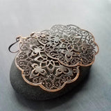 Antique Copper Medallion Earrings, Moroccan earring, copper earring, copper filigree, copper floral light rustic, large copper dangle 3 inch