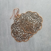 Antique Copper Medallion Earrings, Moroccan earring, copper earring, copper filigree, copper floral light rustic, large copper dangle 3 inch