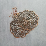 Antique Copper Medallion Earrings, Moroccan earring, copper earring, copper filigree, copper floral light rustic, large copper dangle 3 inch