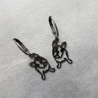 Black French Bulldog Earrings, black dog earrings, Frenchie dog outline, cut out earring, lever back hoop, small black hoops, Boston Terrier breeder