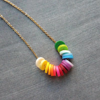 Multicolor Disk Necklace, colorful necklace, delicate thin gold chain, small round disc, cheerful necklace, pantone shade rainbow color clay