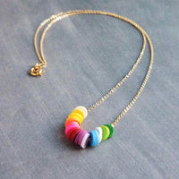 Multicolor Disk Necklace, colorful necklace, delicate thin gold chain, small round disc, cheerful necklace, pink orange purple ombre clay