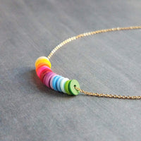 Multicolor Disk Necklace, colorful necklace, delicate thin gold chain, small round disc, cheerful necklace, pantone shade rainbow color clay