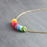 Multicolor Disk Necklace, colorful necklace, delicate thin gold chain, small round disc, cheerful necklace, pantone shade rainbow color clay