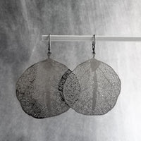 Large Gunmetal Earrings, big lightweight leaf earrings, coral earring, filigree earring, sea fan earring, organic shape, see through dangles