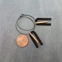 Black Hoop Earrings, gold bar dangle, u shape black accent, big black and gold jewelry, mixed metal earrings, artisan original, unique hoops